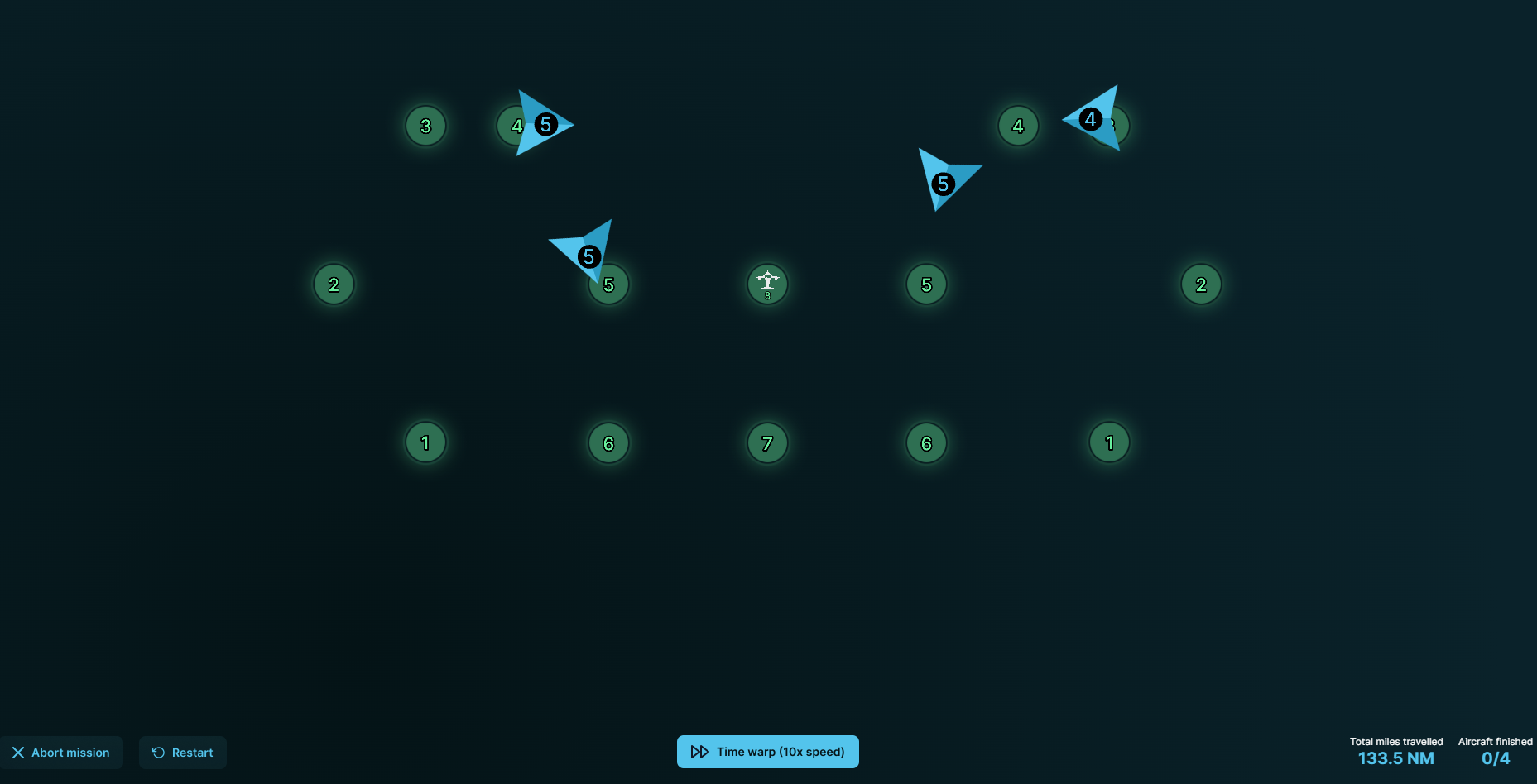 A Lektor arcade game: numbered waypoints on a dark scope with three aircraft symbols in flight