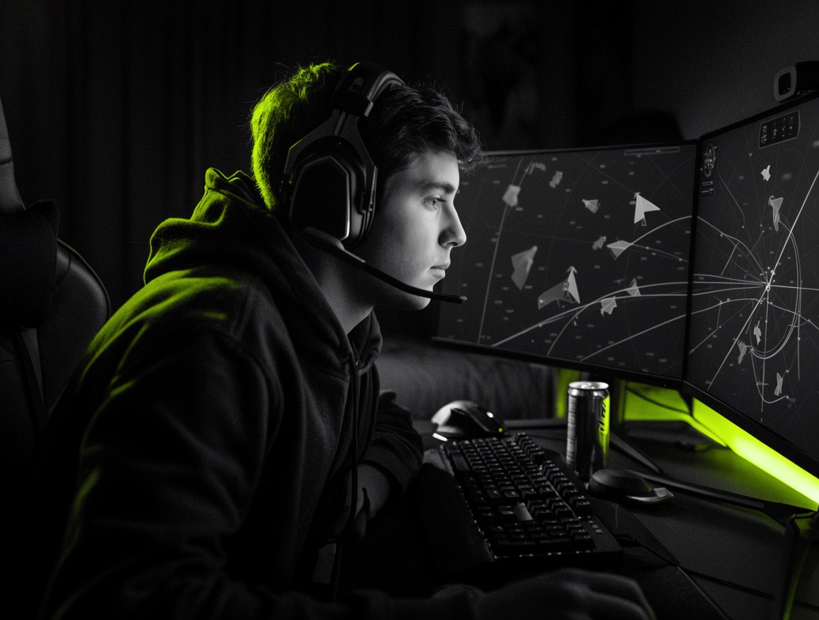 A student at a desk at home, wearing a headset, working a radar exercise on a monitor