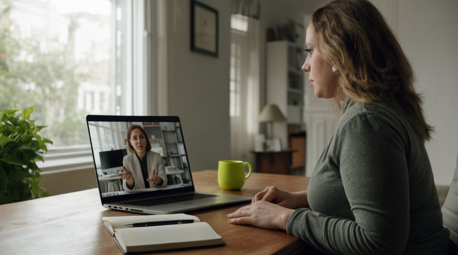 A woman at a wide desk in a home office at midday on a video call, an open notebook, a pen and a lime mug beside the laptop