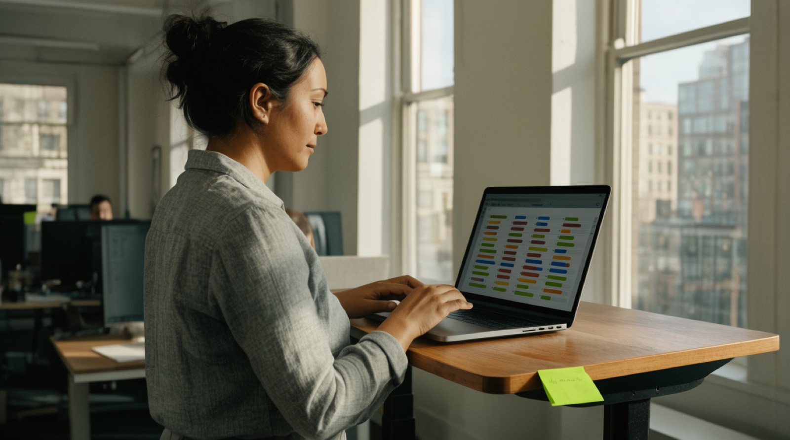 A woman at a standing desk in a bright office, side on, reading a laptop screen of coloured progress bars, a lime sticky note on the desk edge