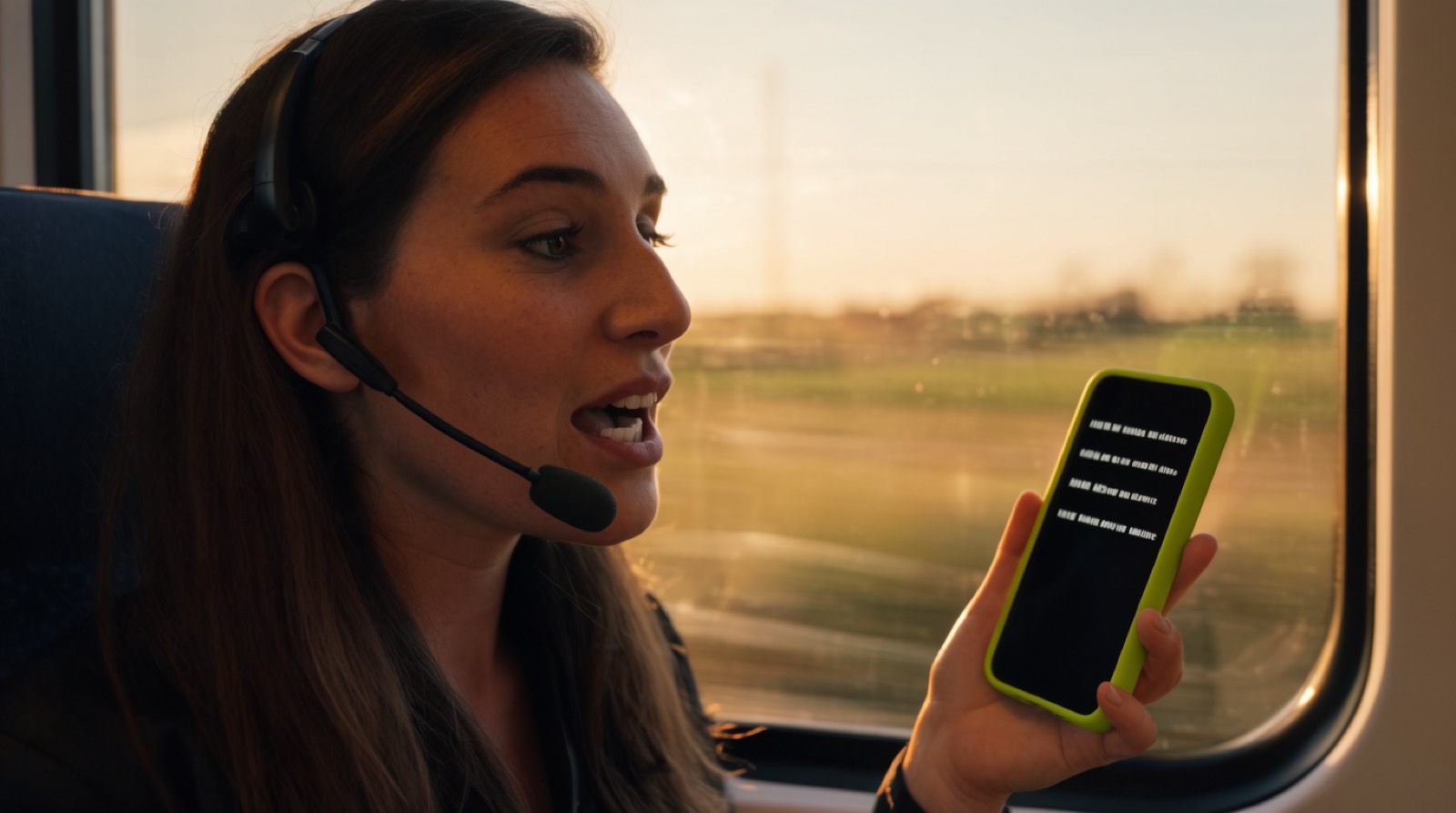 A woman by a train window in evening sun, a slim headset microphone at her cheek, speaking, a phone in a lime case in her hand