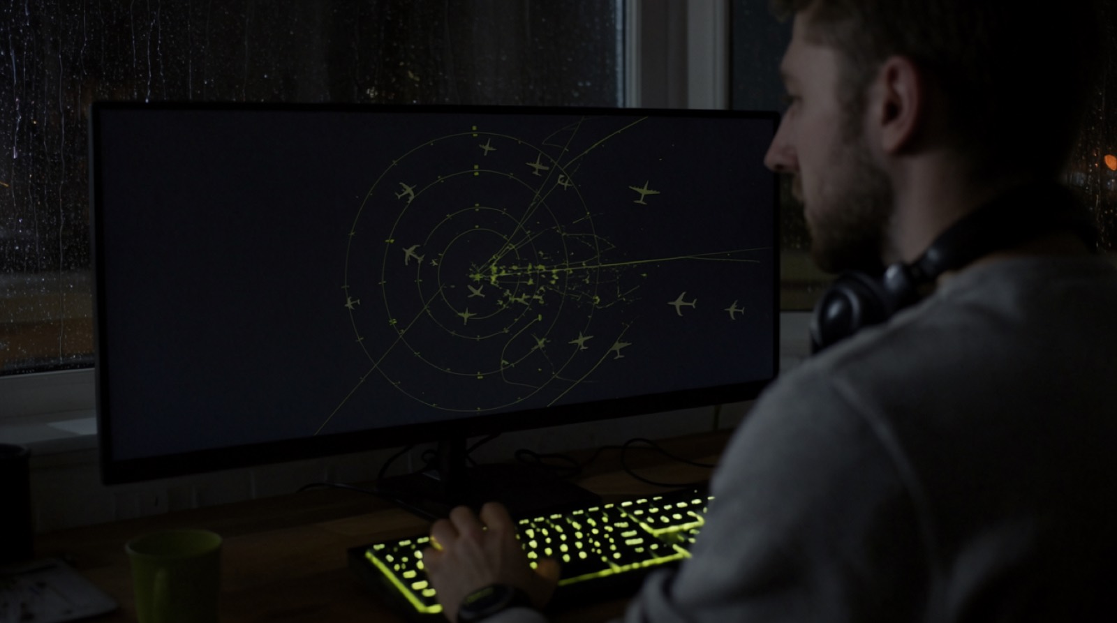 Over the shoulder of a man at a desk at night, a large monitor showing a dark radar scope with lime traces, a lime backlit keyboard, rain on the window behind