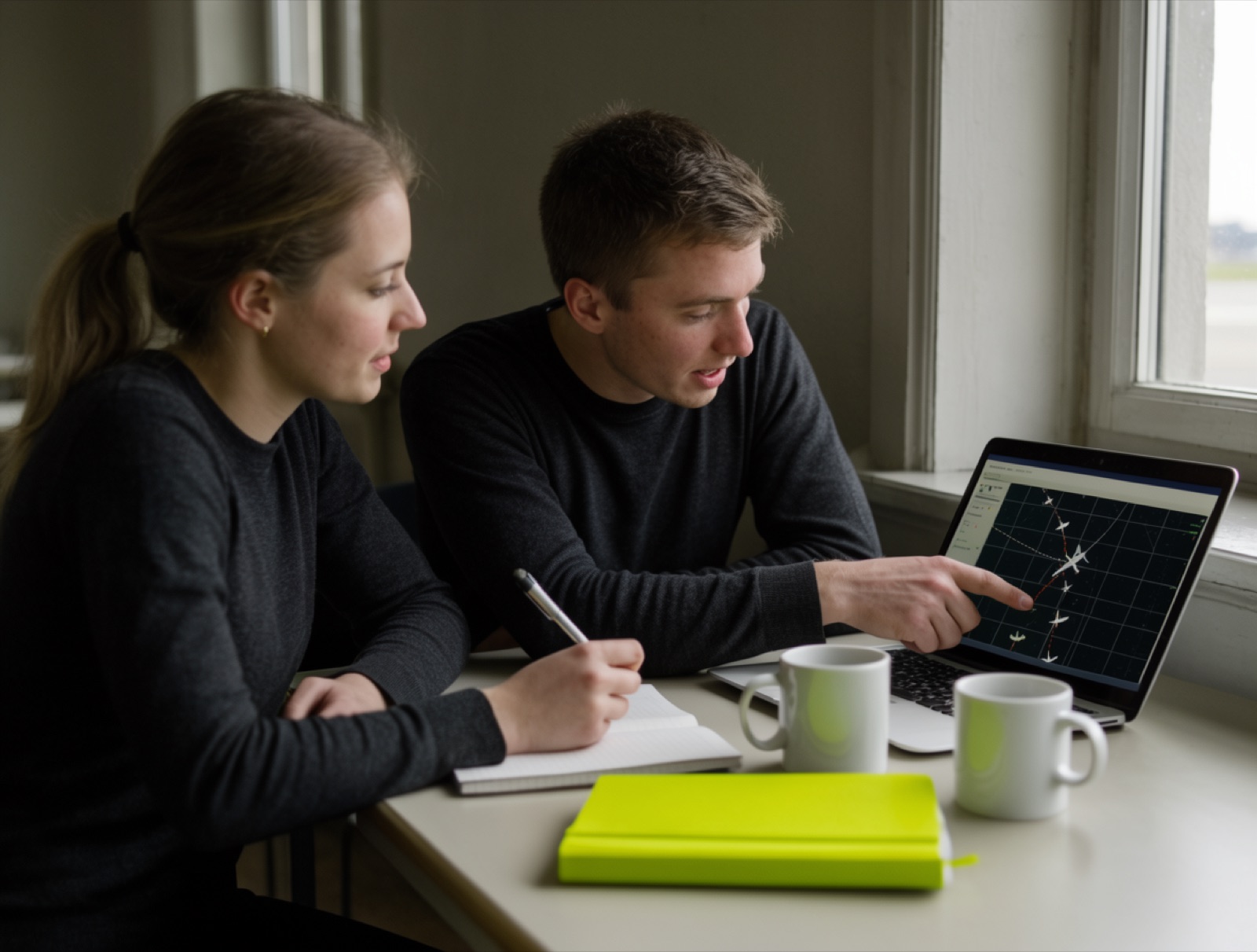 Two young controllers at a table by a window reviewing a radar replay on a laptop, one pointing, one taking notes, a lime notebook between the coffee cups